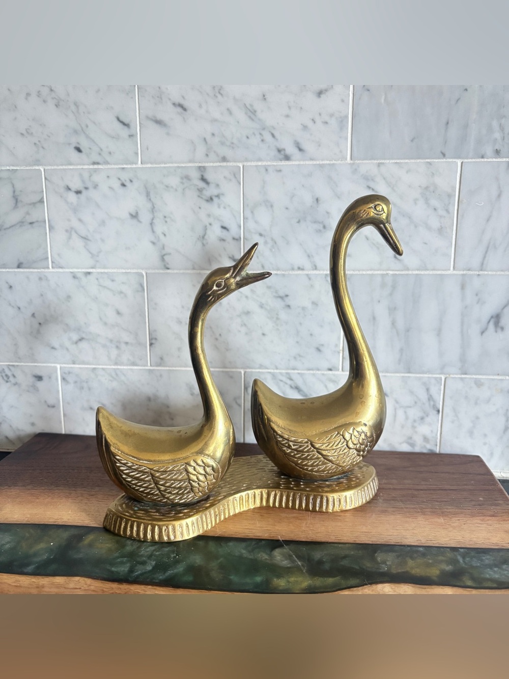 Vintage Mid Century Pair of 7.25” Brass Swans on Base